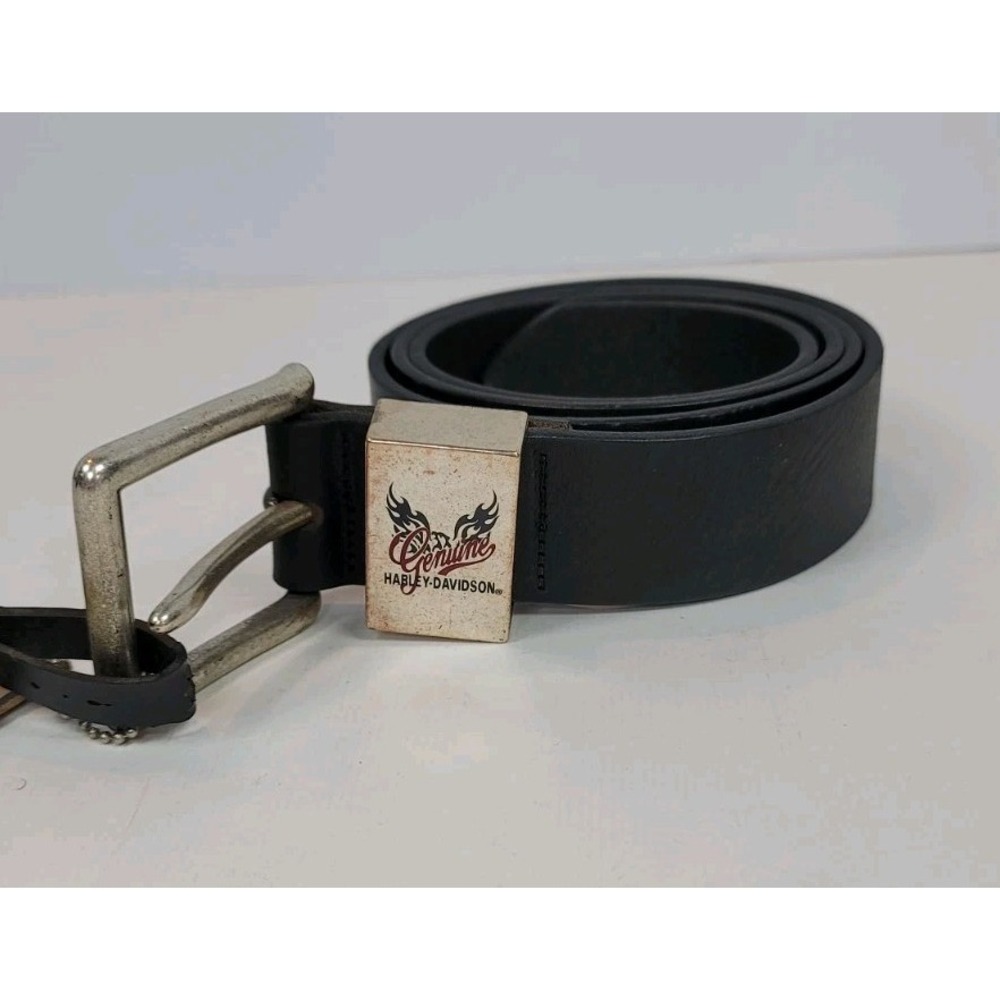 Vintage Harley-Davidson Mens Black Leather Silver Buckle Belt Size 44 NWT